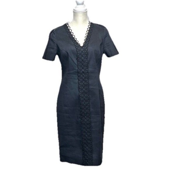 Elie Tahari Loretta Linen Sheath Dress Size 6 Navy Blend Scallop V-Neck Classy - Picture 11 of 15